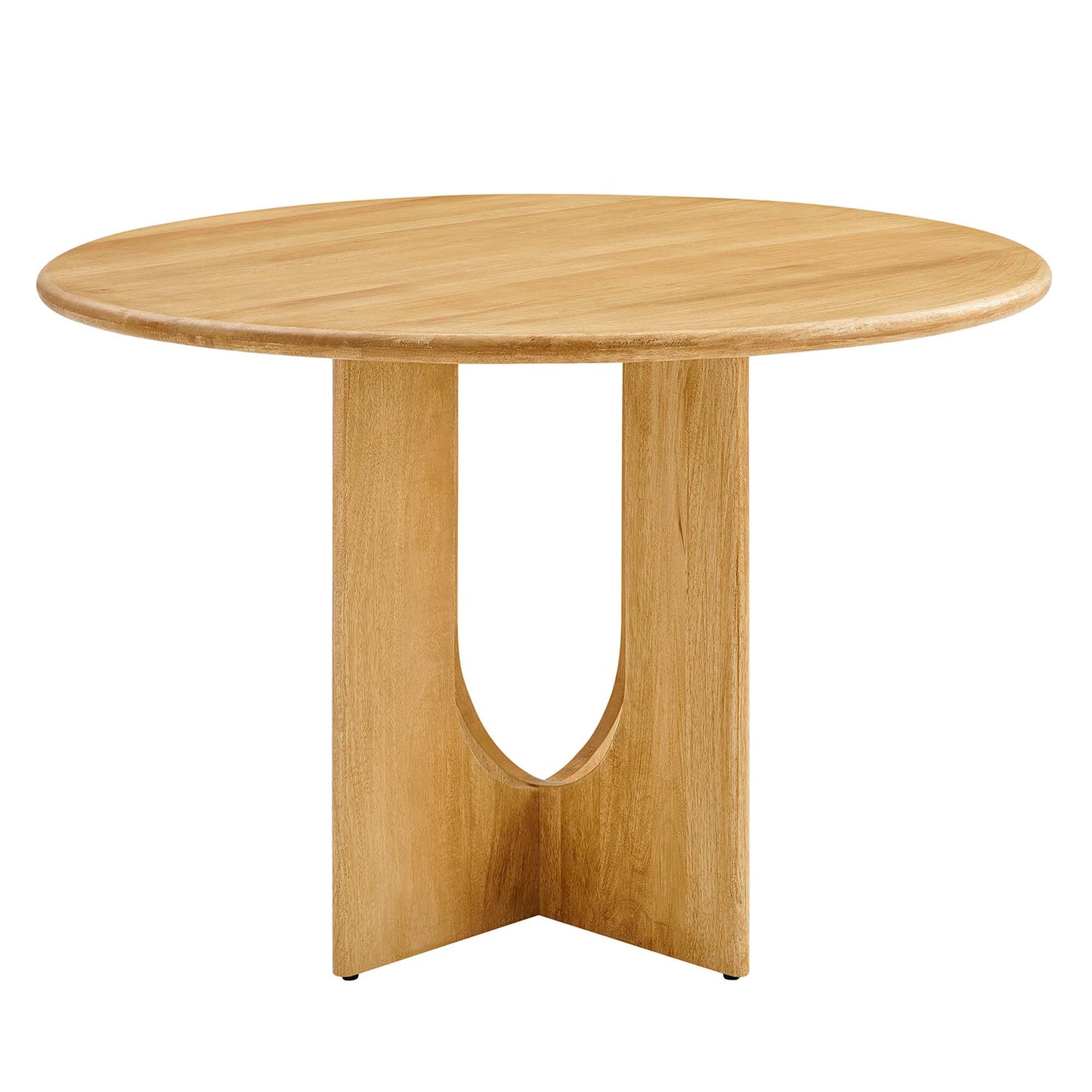 Round natural oak table with a sculpted U-shaped pedestal base and smooth edge.