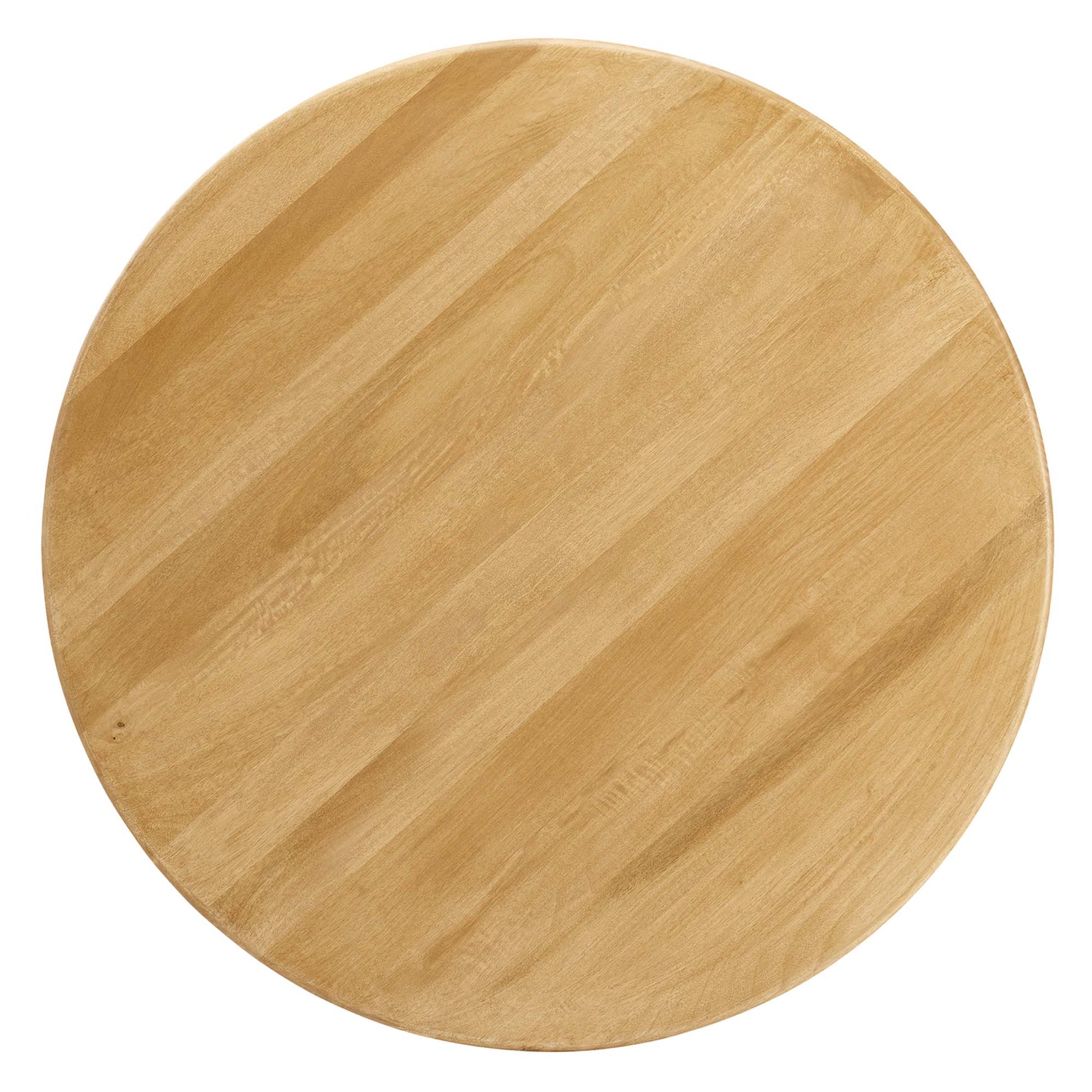 Round oak wood dining table with natural finish and visible grain, 48" diameter.