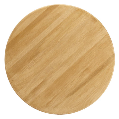 Round oak wood dining table with natural finish and visible grain, 48" diameter.