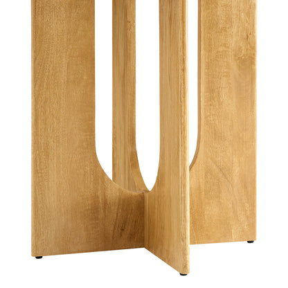 Oak wood round dining table with a curved, U-shaped base featuring cutouts and small feet, modern style.