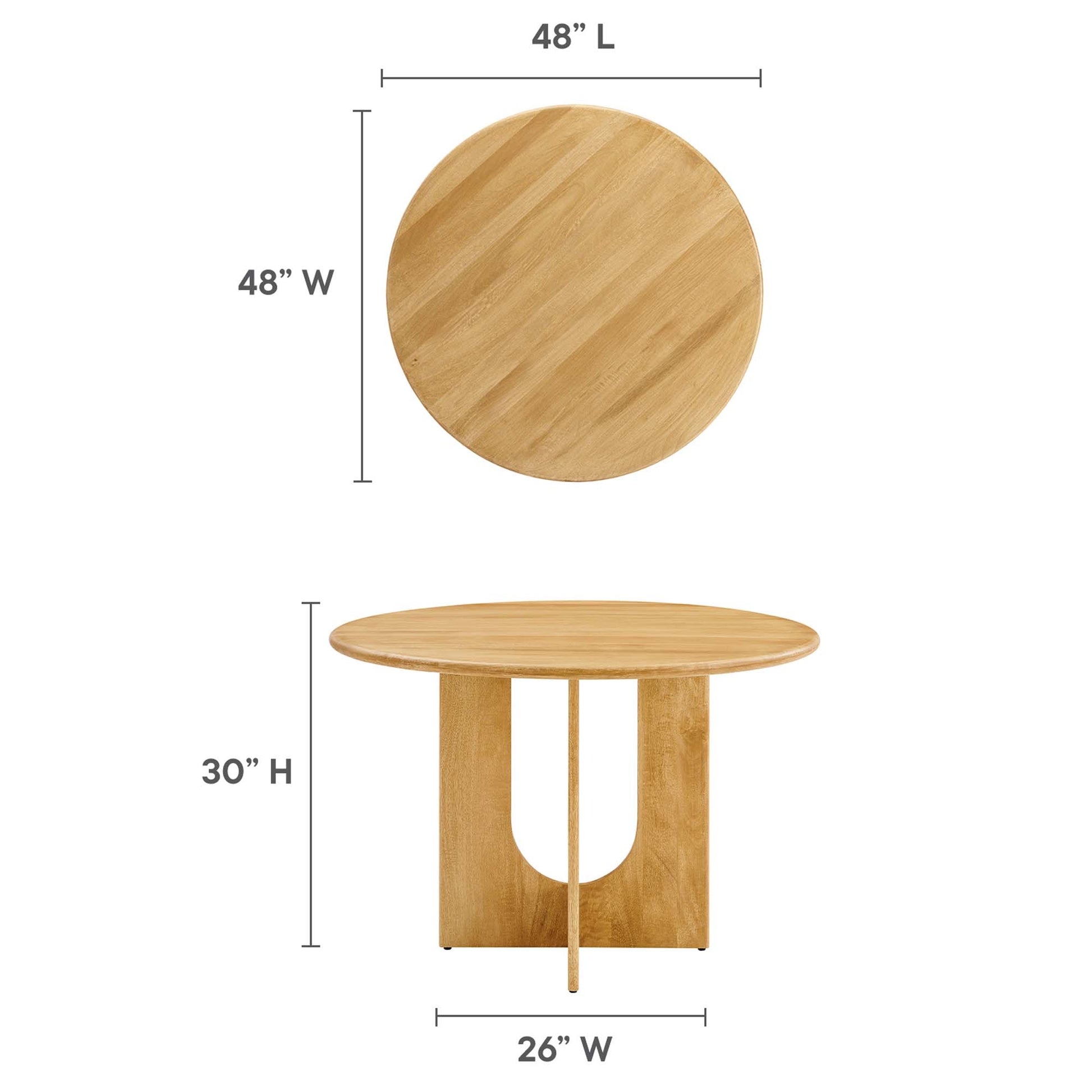 Oak round dining table, 48-inch diameter, 30-inch height, pedestal base with curved opening, natural wood finish.