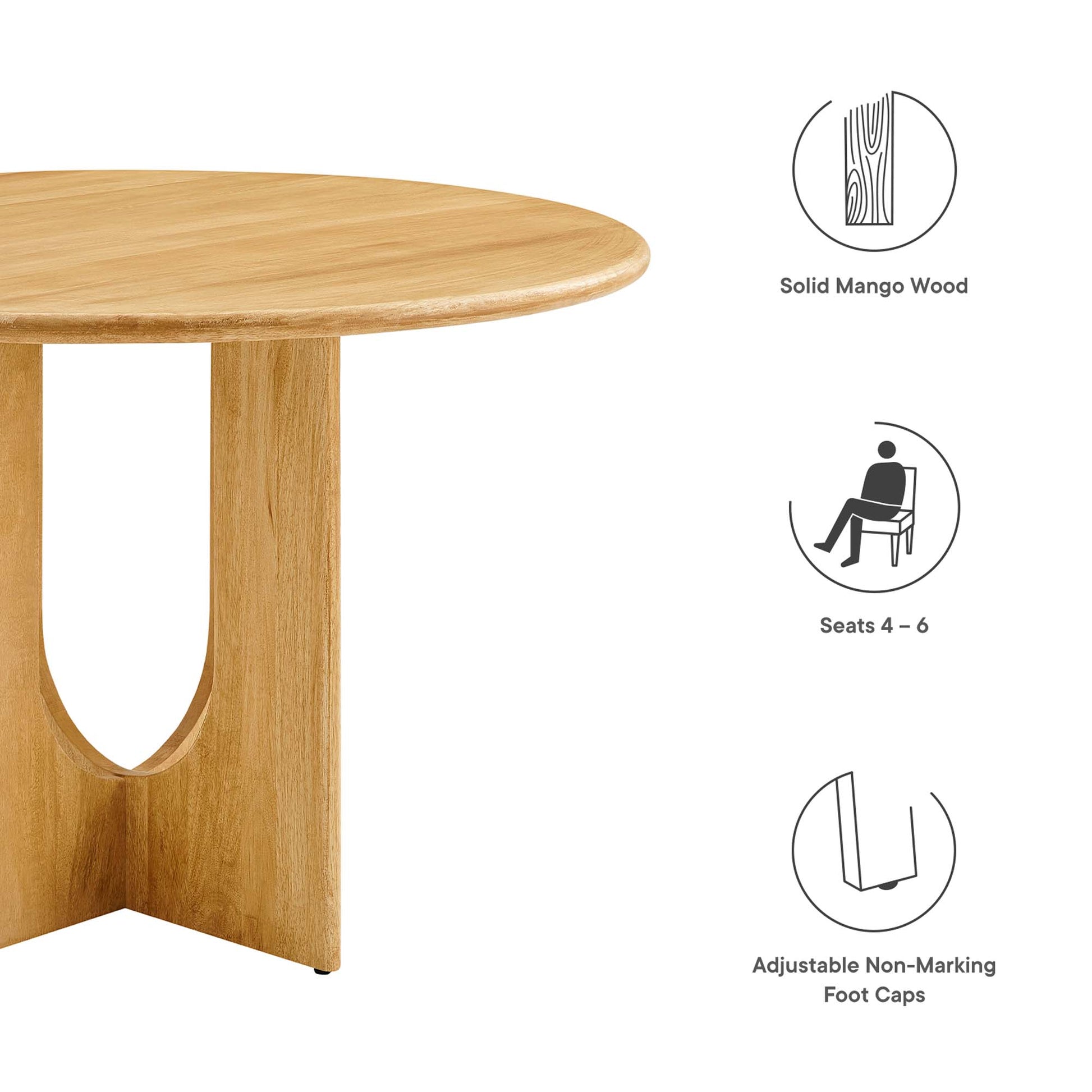 Round solid mango wood table in oak finish with a U-shaped pedestal base; seats 4-6; adjustable, non-marking foot caps.