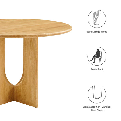Round solid mango wood table in oak finish with a U-shaped pedestal base; seats 4-6; adjustable, non-marking foot caps.