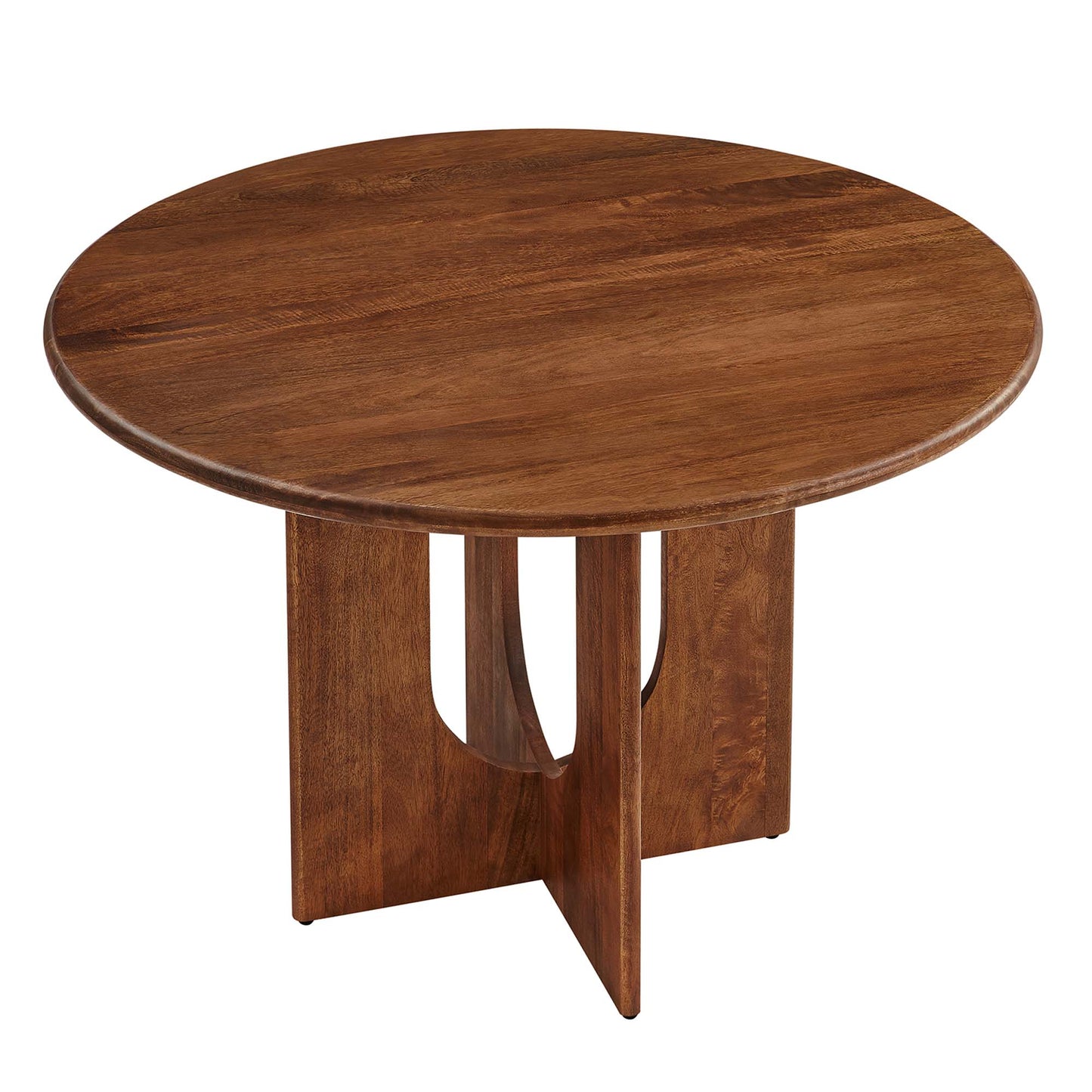 Round walnut-finish wooden dining table, 48" diameter, with a sculptural triple-panel pedestal base.