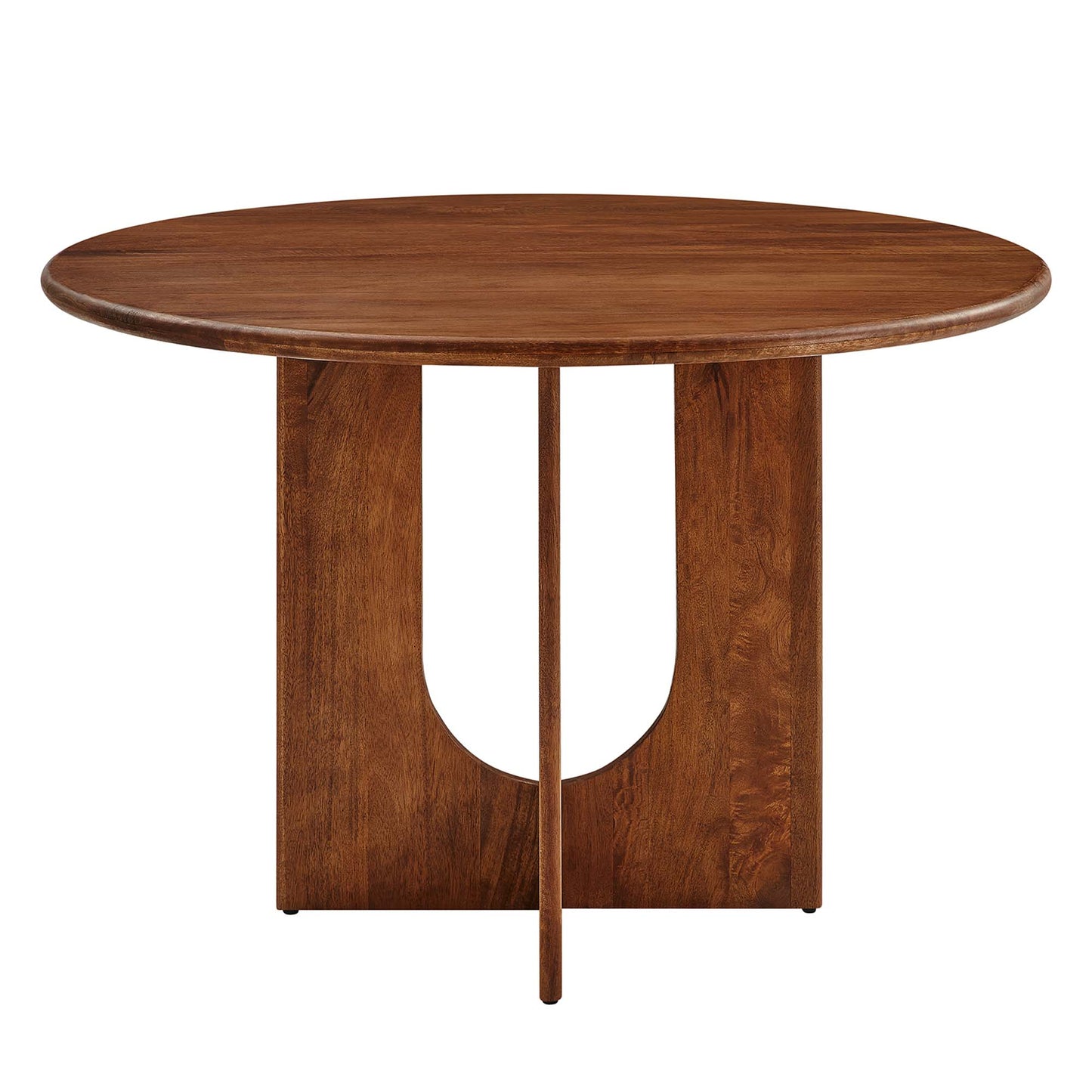 Round walnut-finish wooden table with a sculptural pedestal base and curved cutout.