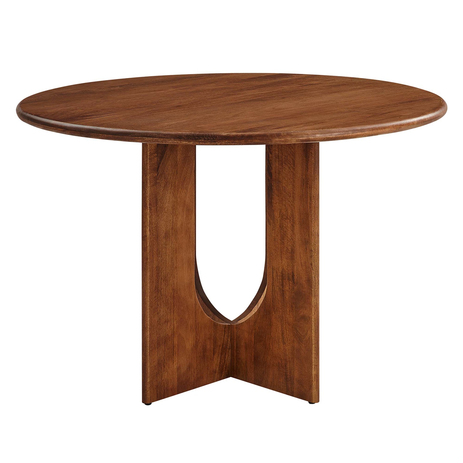 Round walnut-finish wooden dining table with a pedestal base, 48-inch diameter.