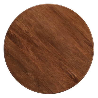 Round walnut wood dining table with dark brown finish and visible grain pattern.