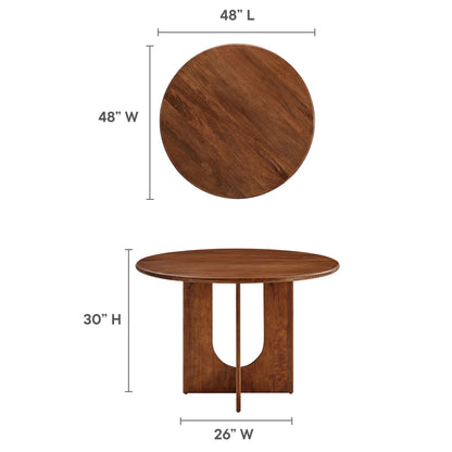 Walnut round dining table, 48-inch diameter, 30-inch height, U-shaped pedestal base, modern rustic style.