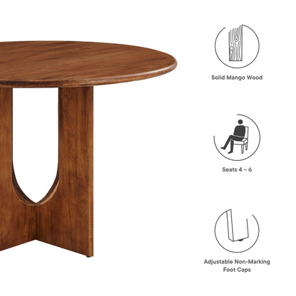 Round solid mango wood dining table with a U-shaped pedestal base; seats 4-6; adjustable non-marking foot caps