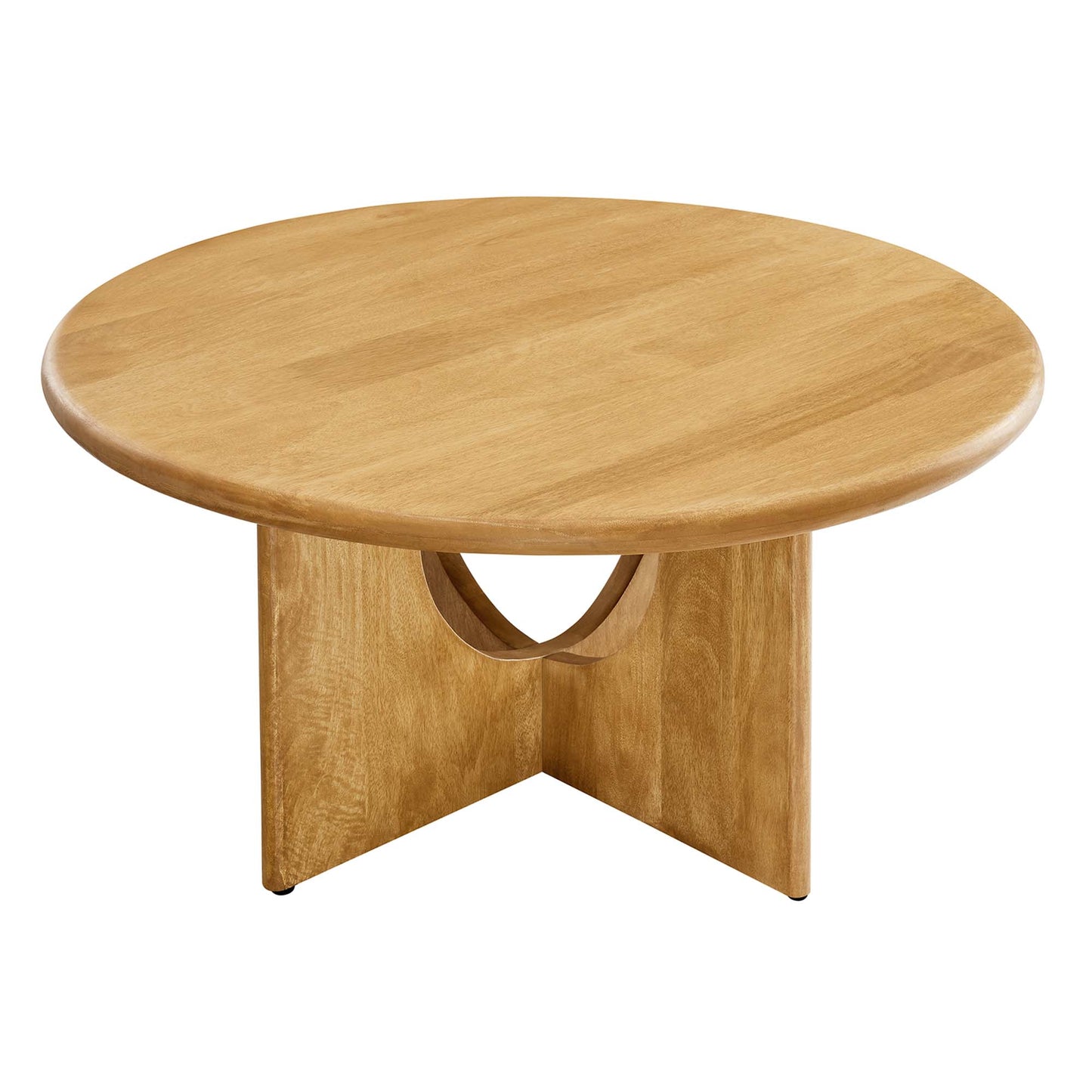 Round oak coffee table with a natural finish and a sculptural base featuring a circular cutout between two panels.