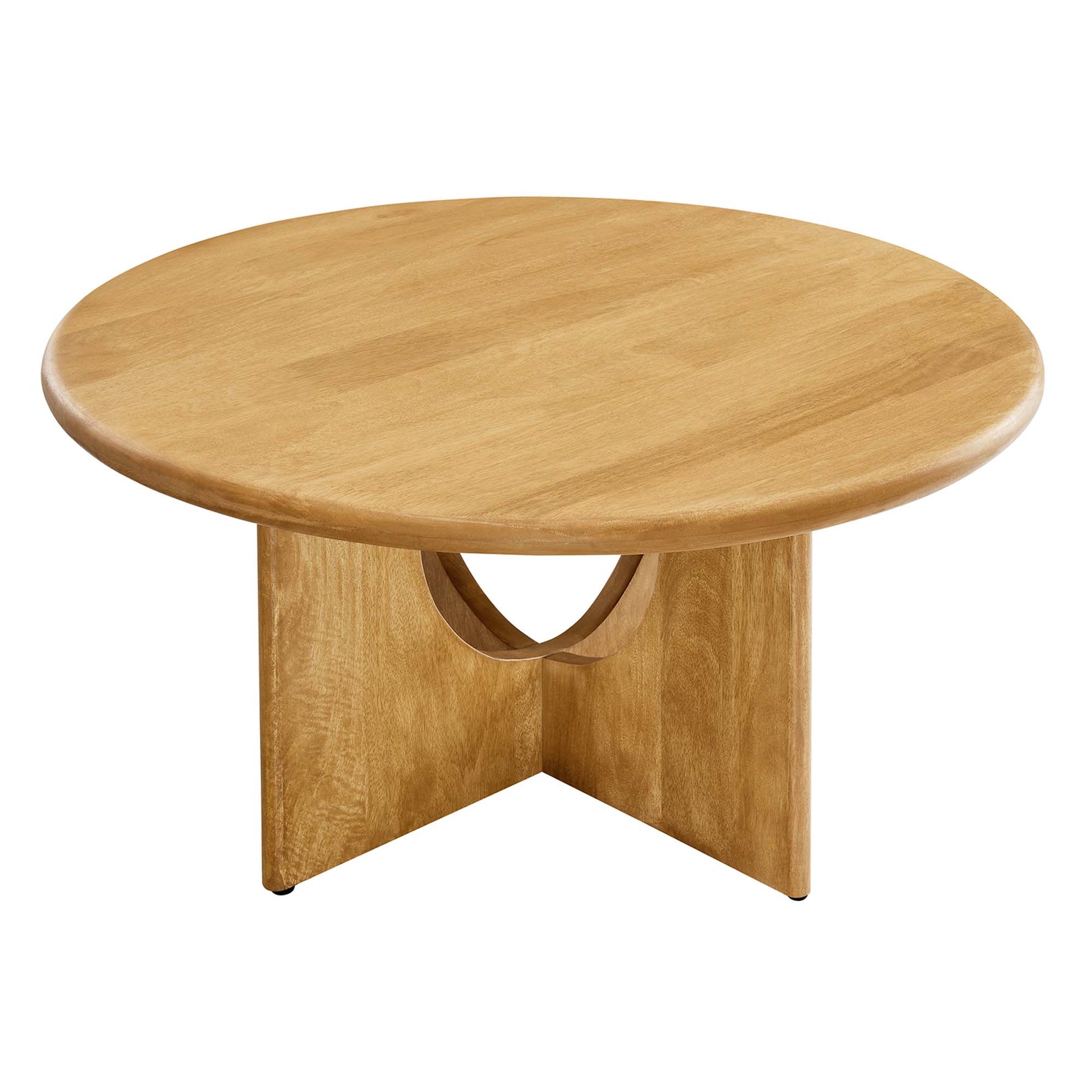 Round oak coffee table with a natural finish and a sculptural base featuring a circular cutout between two panels.