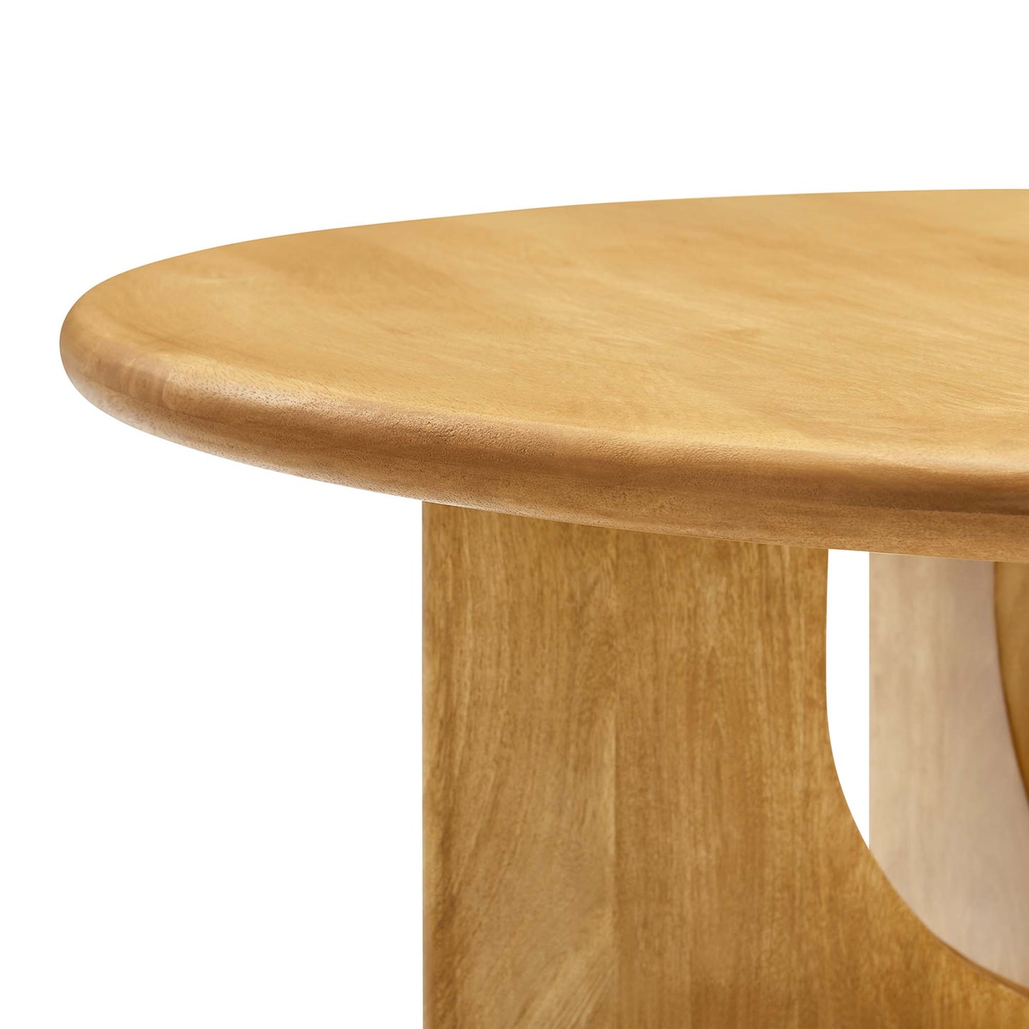 Round oak tabletop with smooth curved edge and a natural oak pedestal leg, light wood finish.