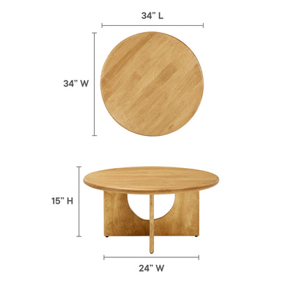 Oak round coffee table, 34" diameter top, 15" H, 24" W base, natural wood finish with circular cutout pedestal.