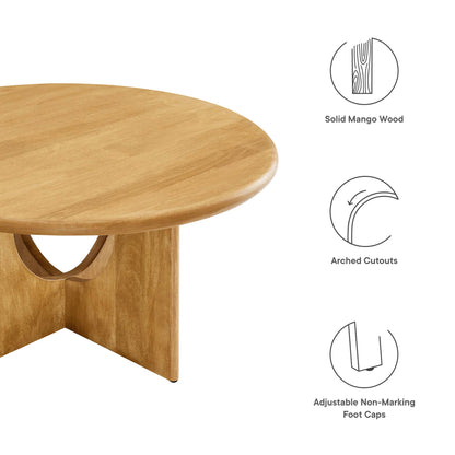 Round coffee table with arched cutouts and adjustable non-marking feet in natural oak finish.