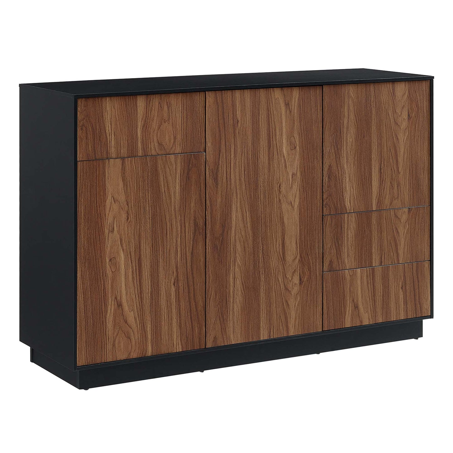 Black-framed sideboard with walnut veneer doors and two right-side drawers; modern low-profile storage cabinet.