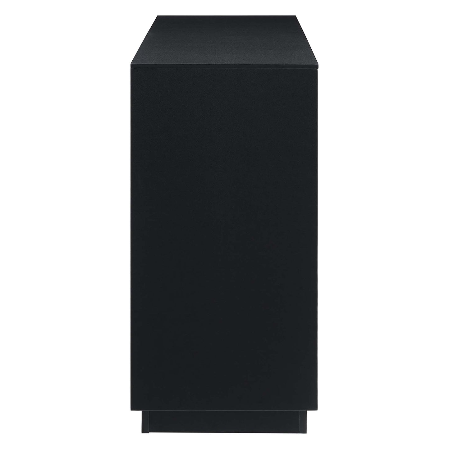 Tall black rectangular cabinet with flat top and small base, minimalist modern storage unit.