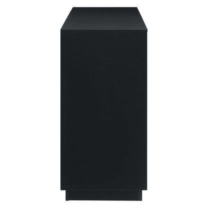 Tall black rectangular cabinet with flat top and small base, minimalist modern storage unit.