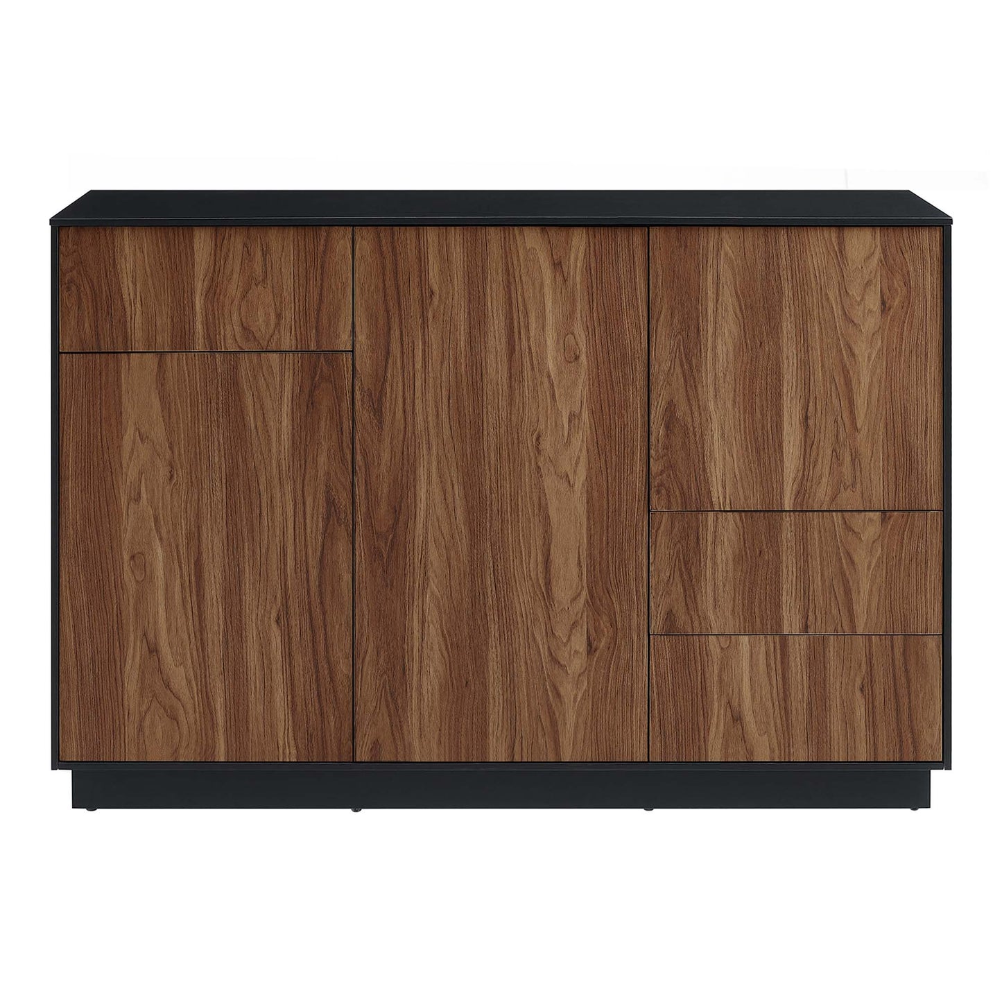 Walnut wood veneer sideboard with black metal frame and top; left cabinet doors, right stacked drawers.