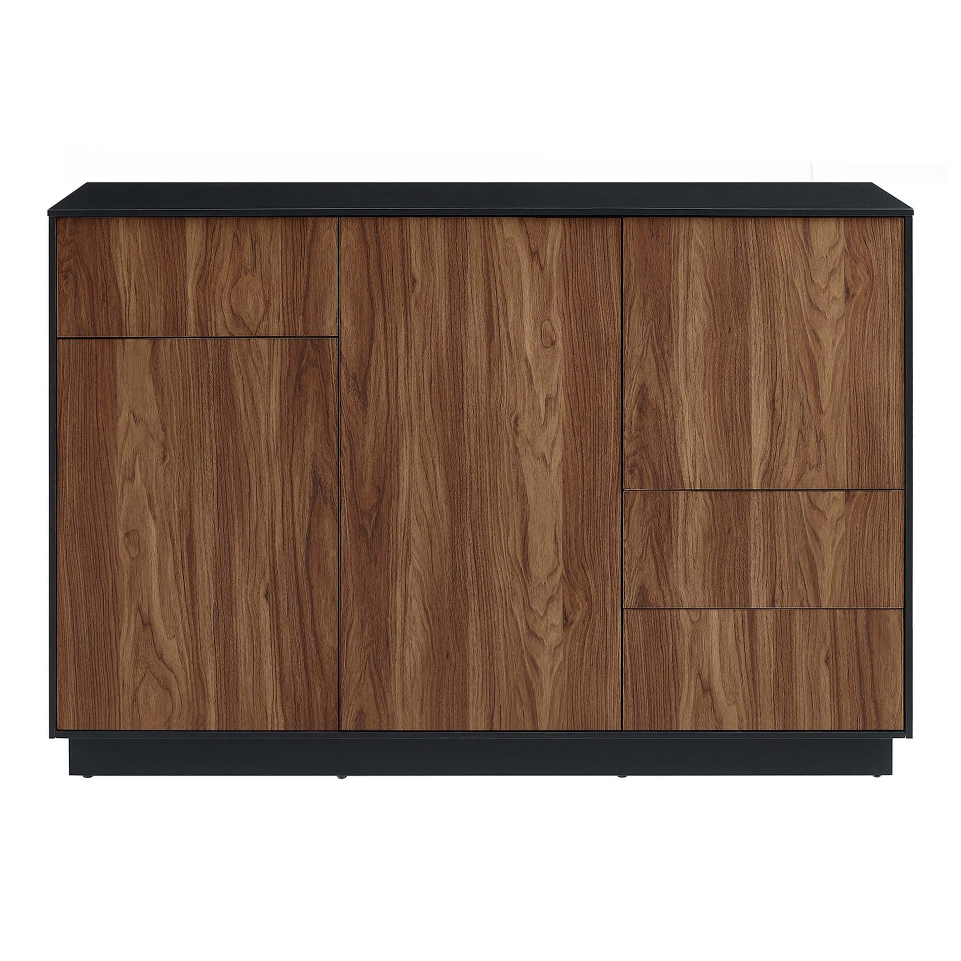 Walnut wood veneer sideboard with black metal frame and top; left cabinet doors, right stacked drawers.
