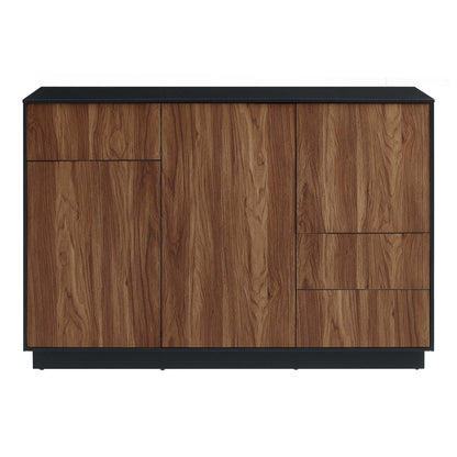 Walnut wood veneer sideboard with black metal frame and top; left cabinet doors, right stacked drawers.