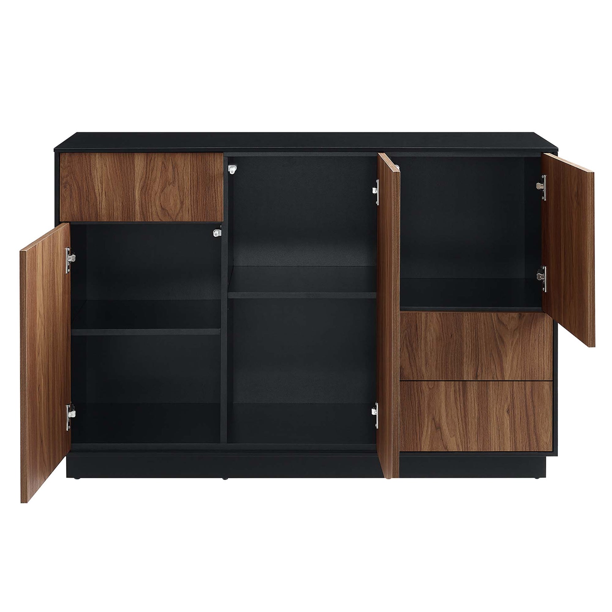 Black sideboard with walnut veneer fronts; rectangular storage console with four doors and three drawers.