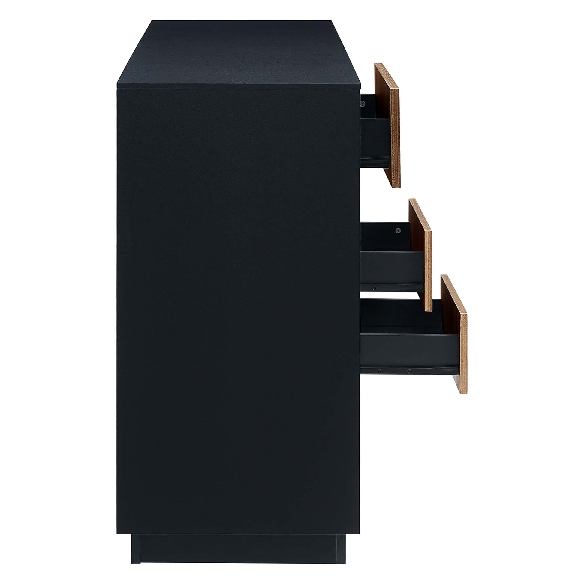 Tall black sideboard with three walnut-front drawers, partially pulled out, sleek modern silhouette.