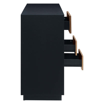 Tall black sideboard with three walnut-front drawers, partially pulled out, sleek modern silhouette.