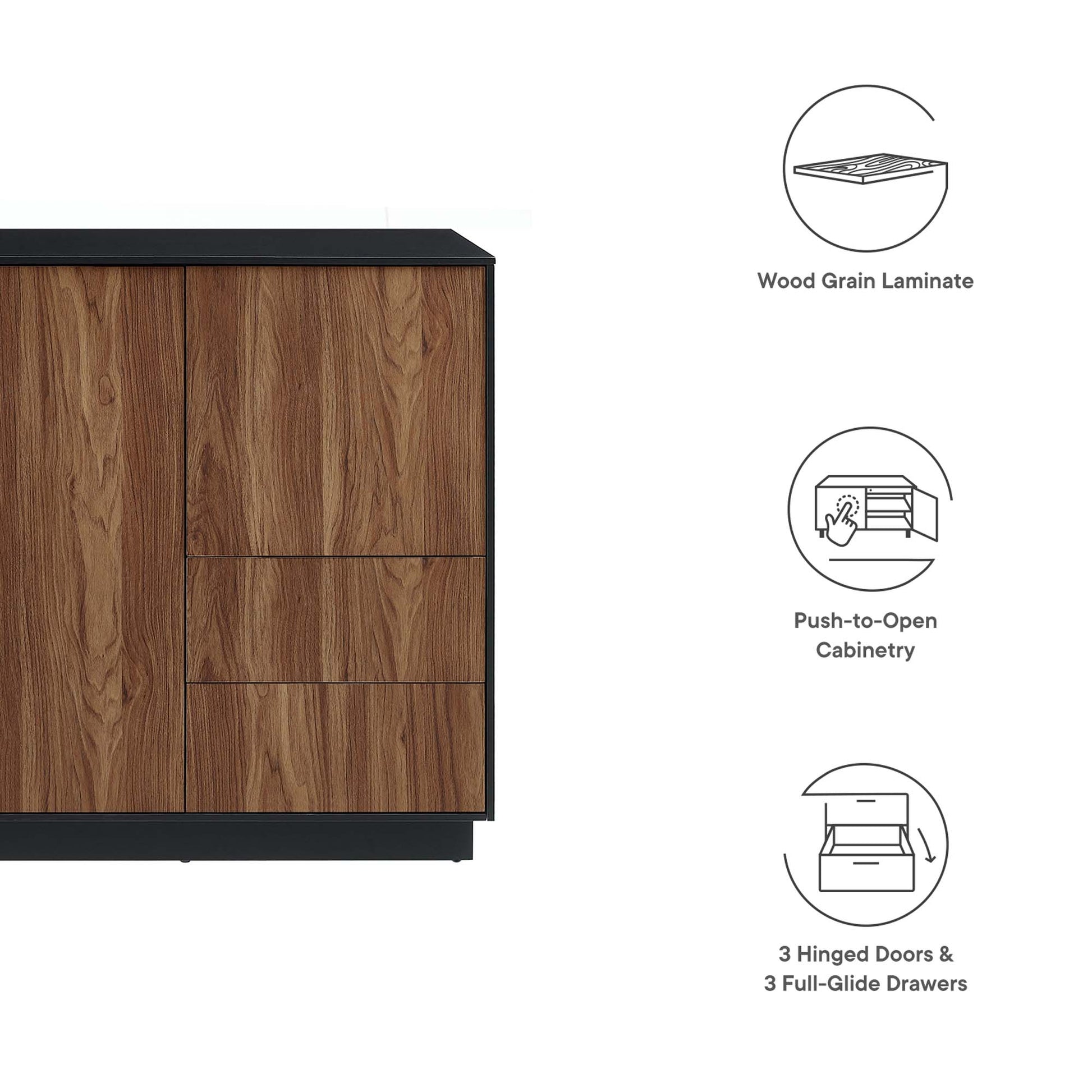 Walnut wood grain laminate sideboard with black base; push-to-open sideboard with 3 doors & 3 full-glide drawers.