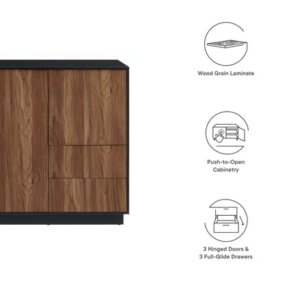 Walnut wood grain laminate sideboard with black base; push-to-open sideboard with 3 doors & 3 full-glide drawers.