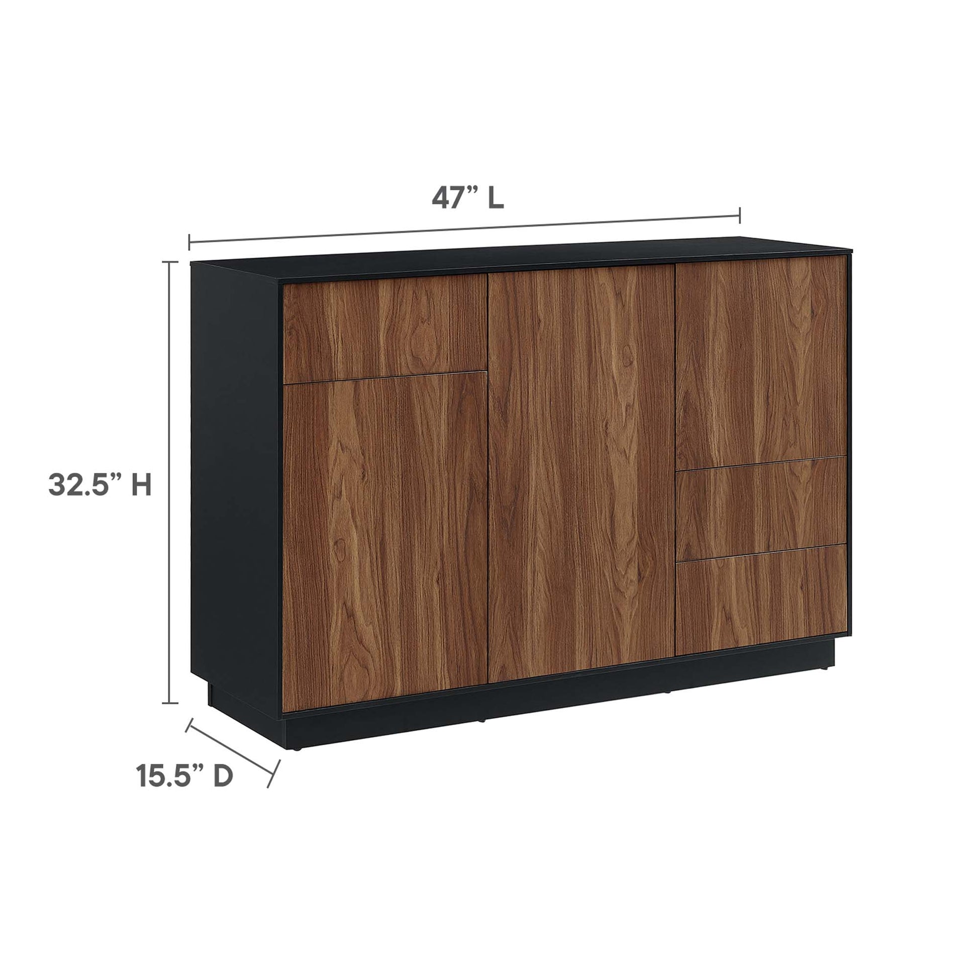 Walnut veneer sideboard with black frame, two left doors and three right drawers, 47 in L x 32.5 in H x 15.5 in D