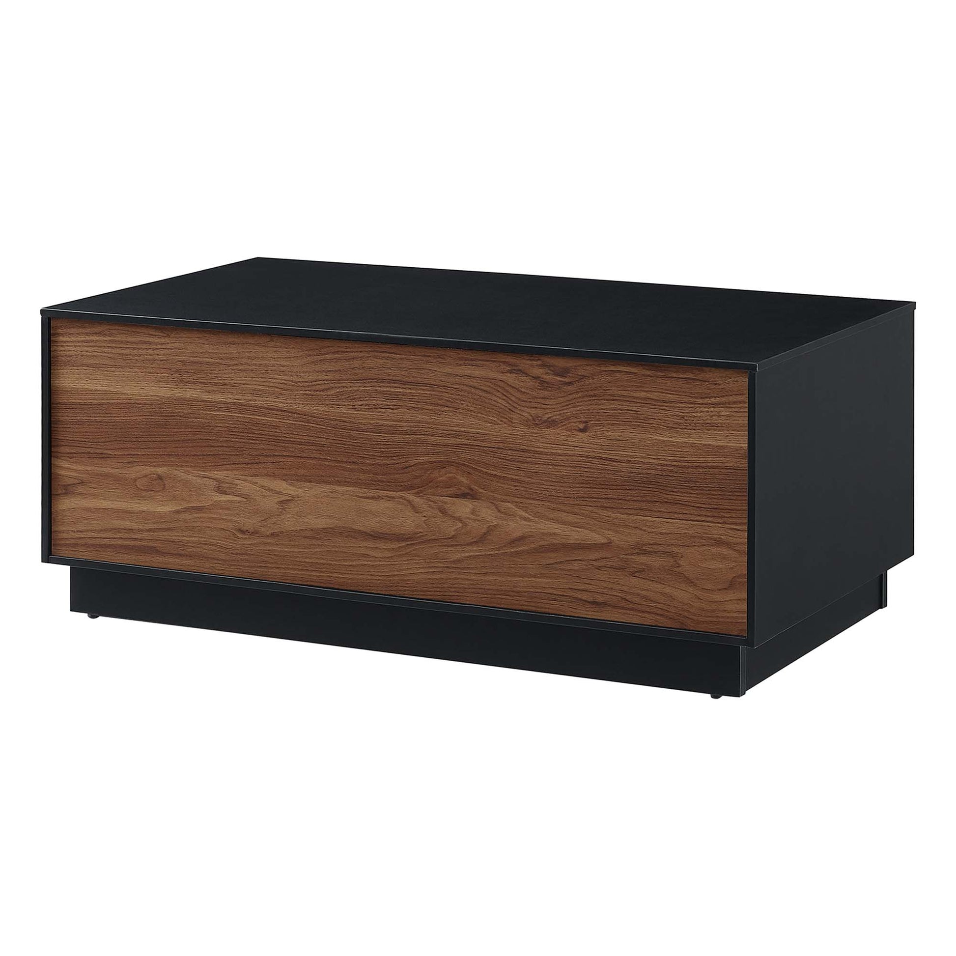 Low-profile black coffee table with a wide walnut veneer drawer front.