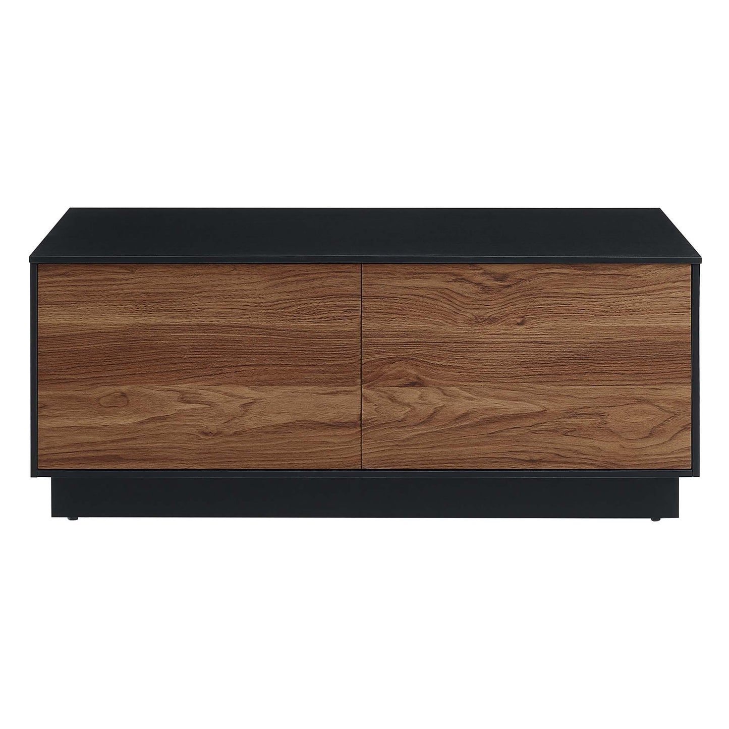 Low-profile coffee table with a black frame and walnut veneer top for the living room.