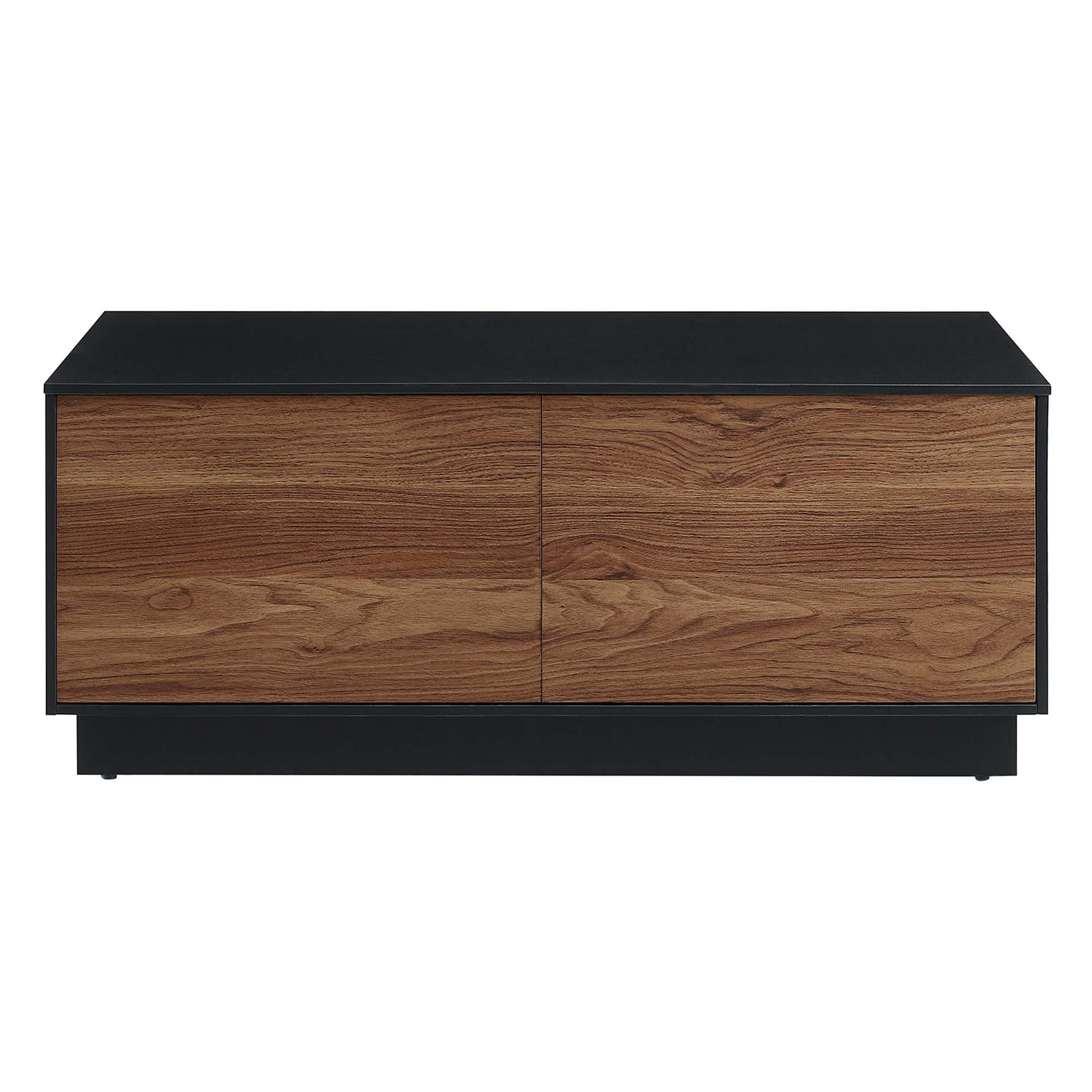 Low-profile coffee table with a black frame and walnut veneer top for the living room.
