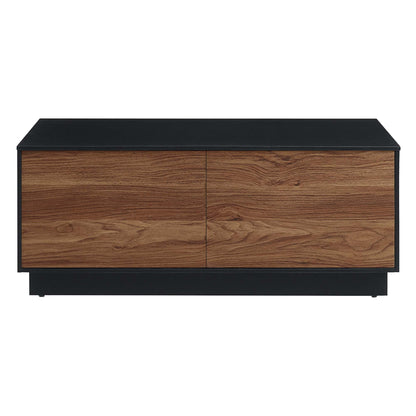 Low-profile coffee table with a black frame and walnut veneer top for the living room.