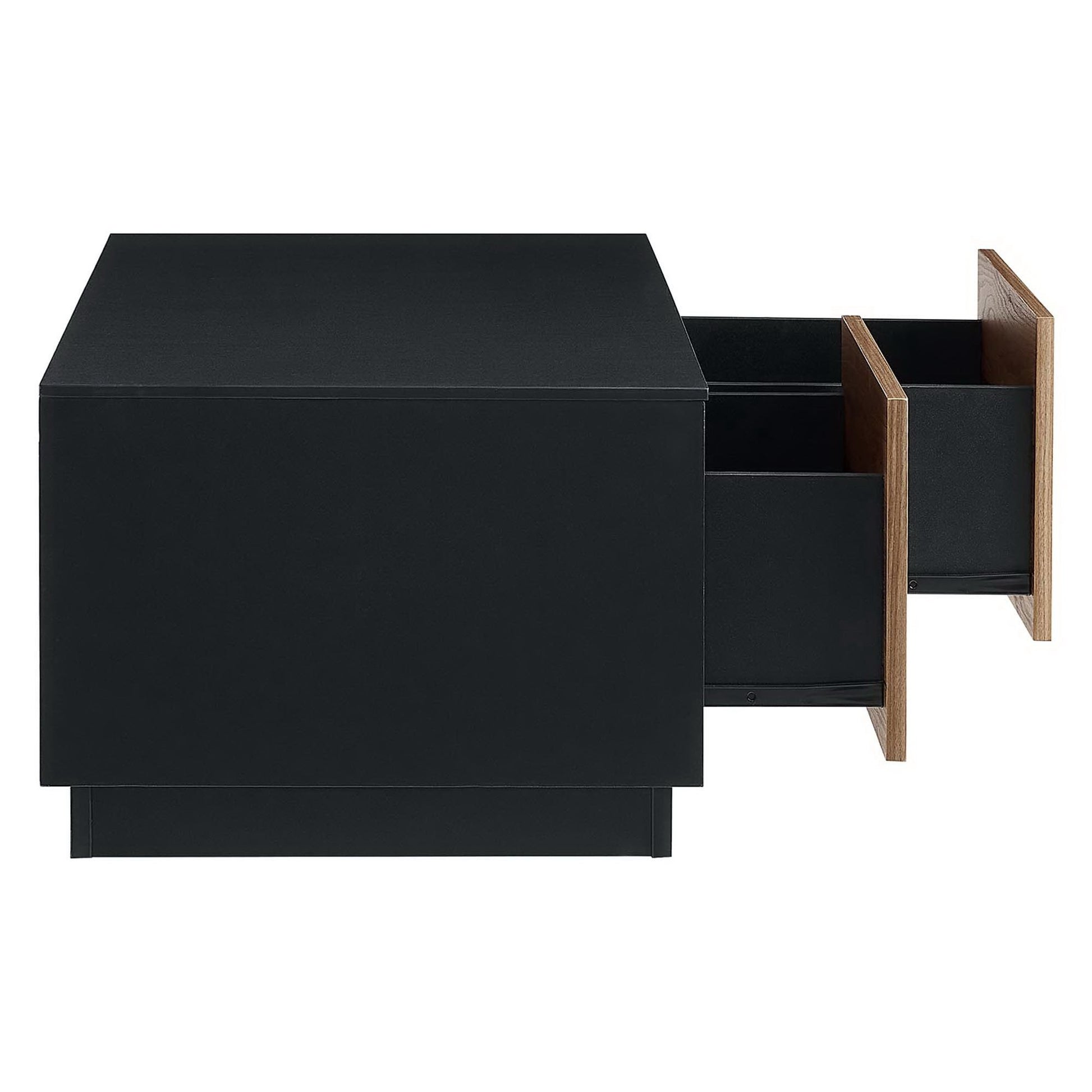 Matte black modern coffee table with two pull-out drawers on the right, accented by natural wood panels.