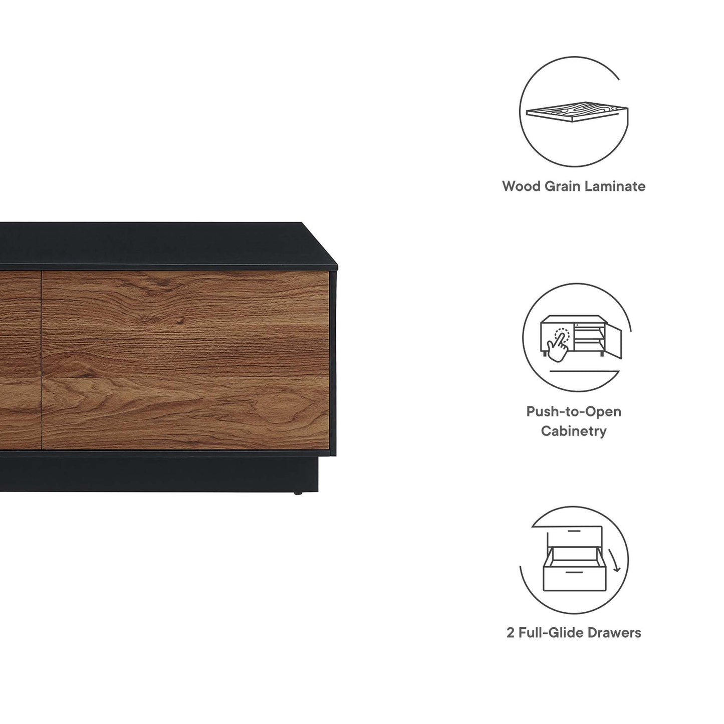 Wood grain laminate coffee table with black frame and top, 2 full-glide drawers.