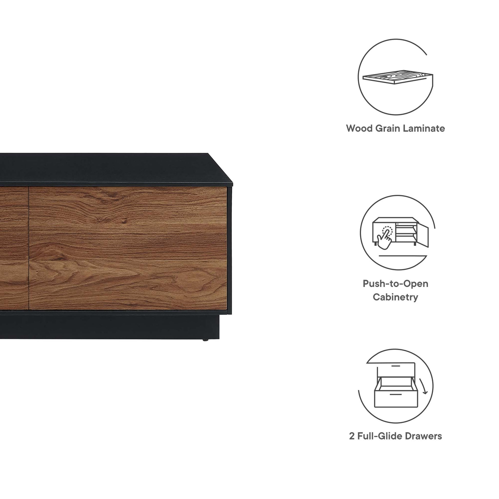 Wood grain laminate coffee table with black frame and top, 2 full-glide drawers.