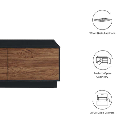 Wood grain laminate coffee table with black frame and top, 2 full-glide drawers.