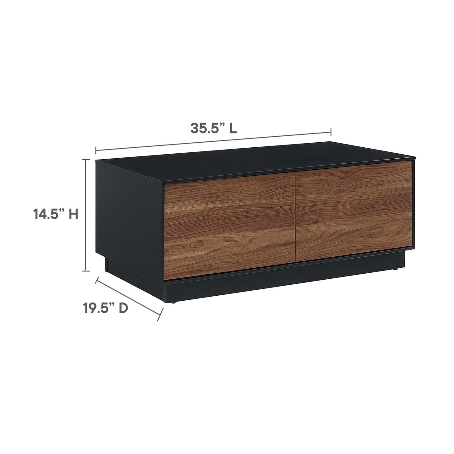Black coffee table with walnut veneer, rectangular design, 35.5 in L x 14.5 in H x 19.5 in D
