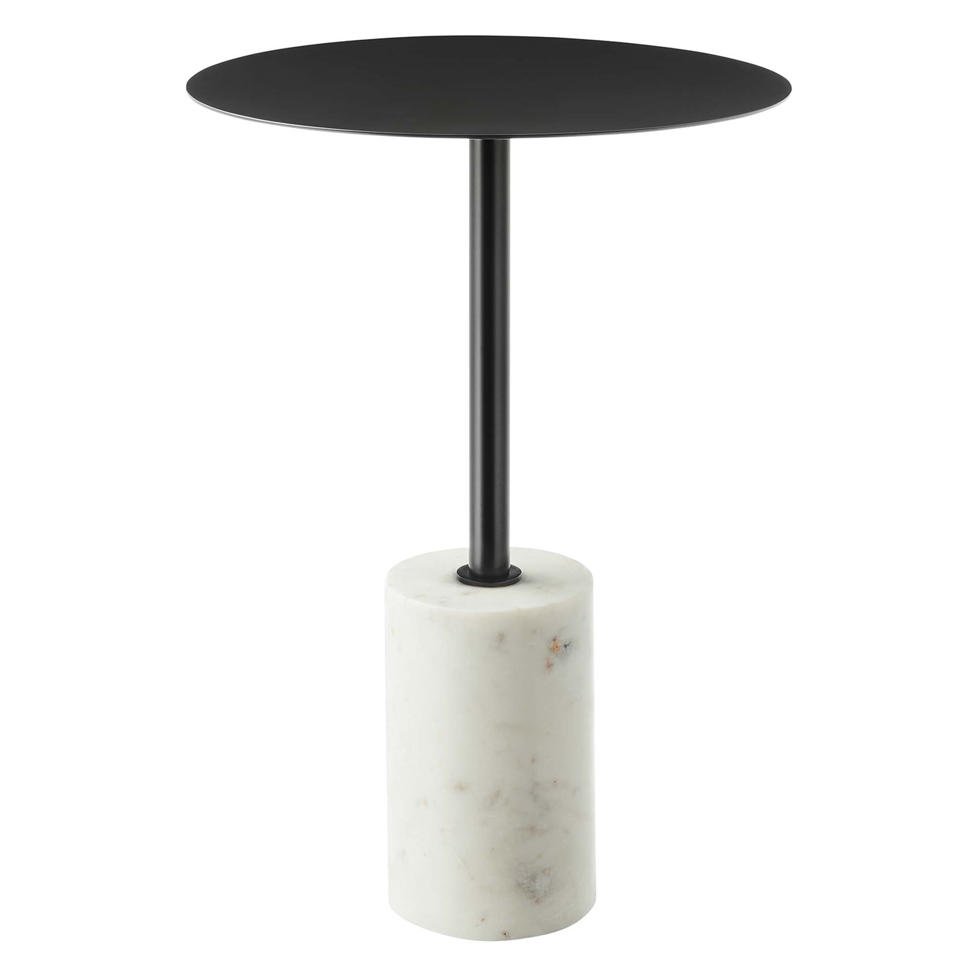 Round black tabletop on a slim metal stem with a white marble cylindrical base - modern minimalist side table.
