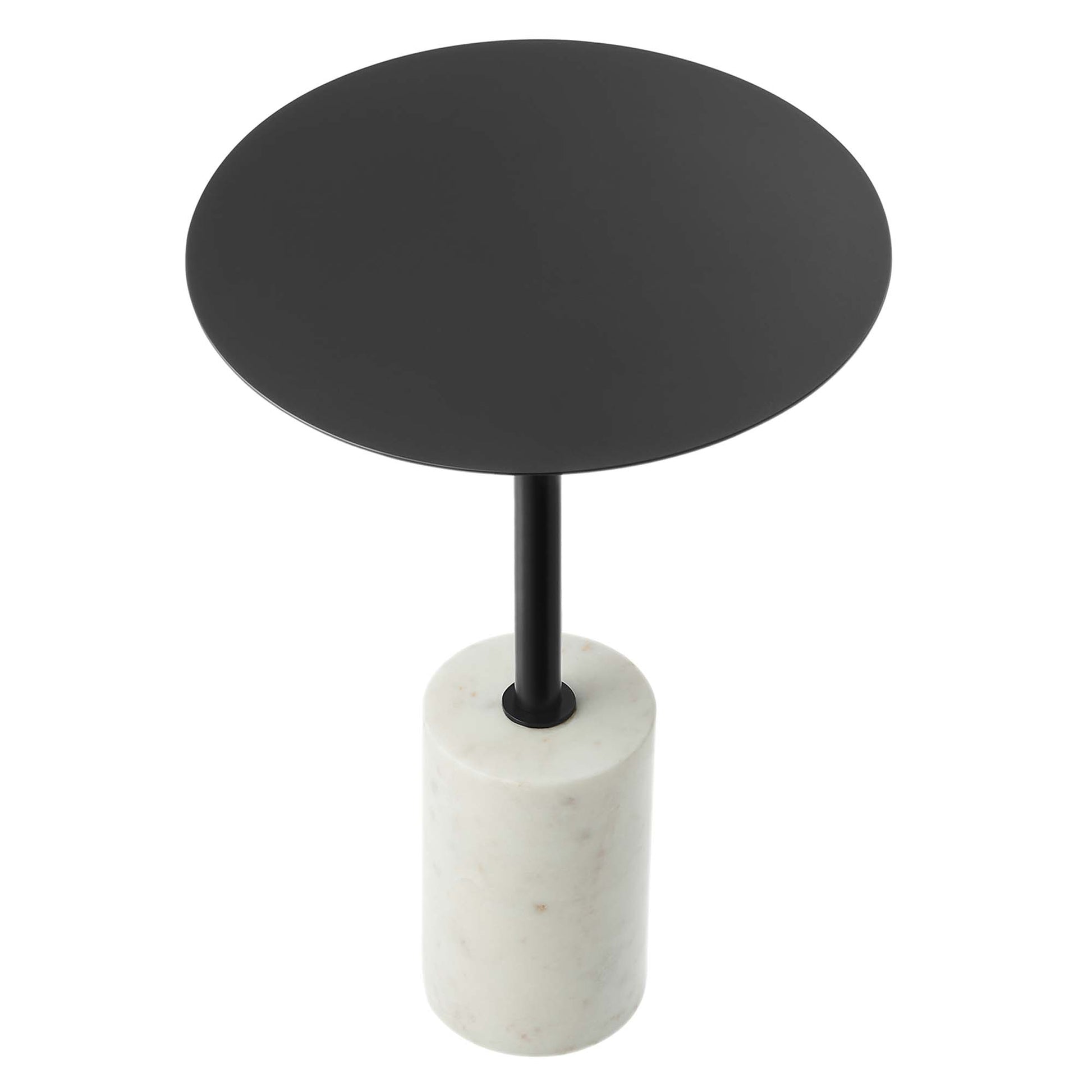 Minimalist round black side table with slender stem and white marble cylindrical base.