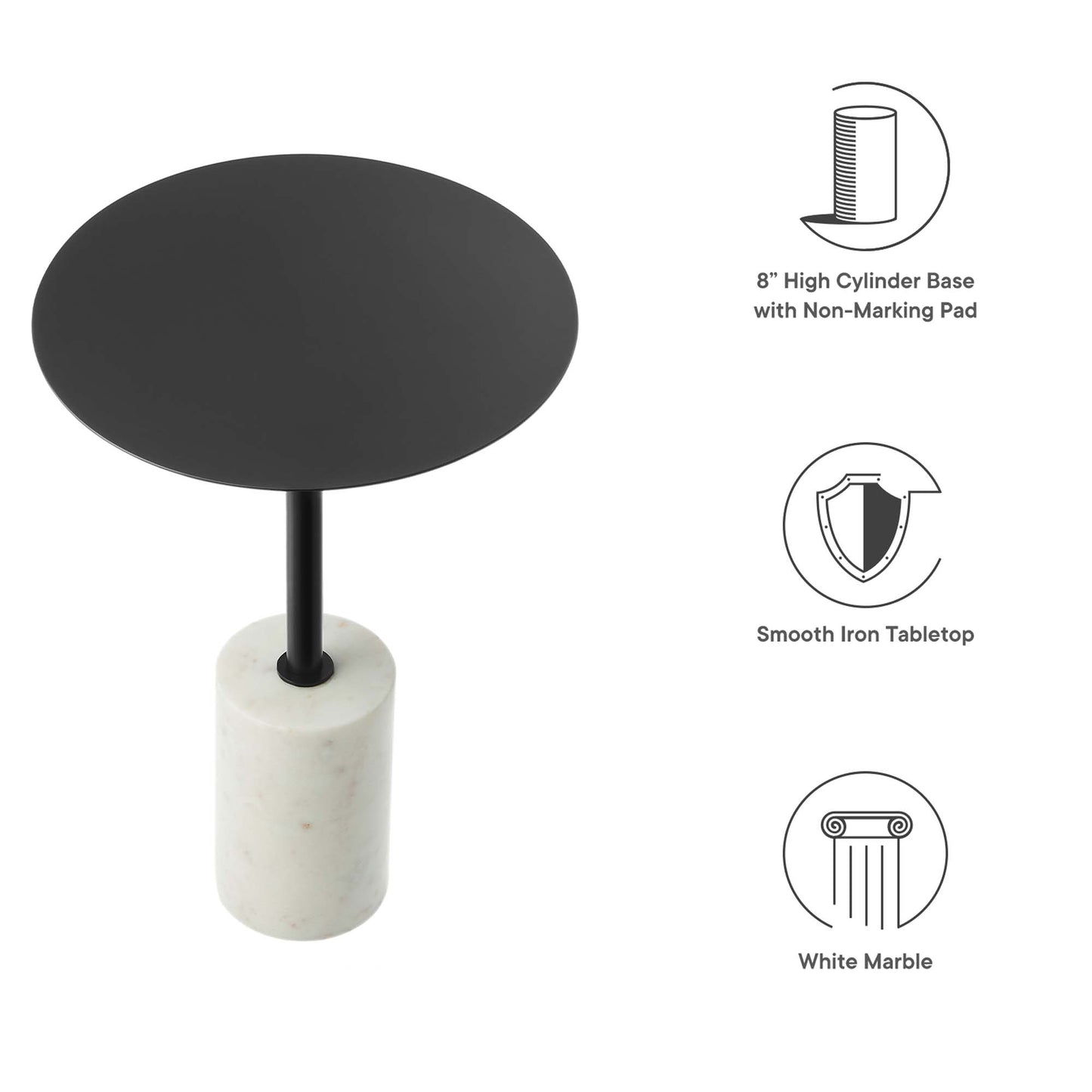 Matte black round iron tabletop on a black stem with a cylindrical marble base.