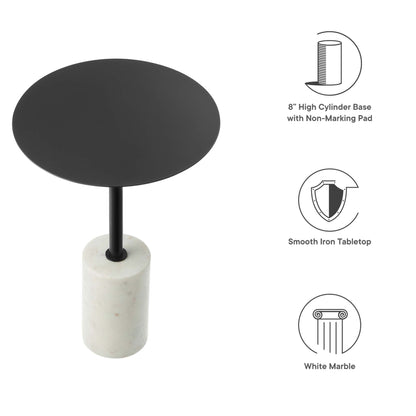 Matte black round iron tabletop on a black stem with a cylindrical marble base.