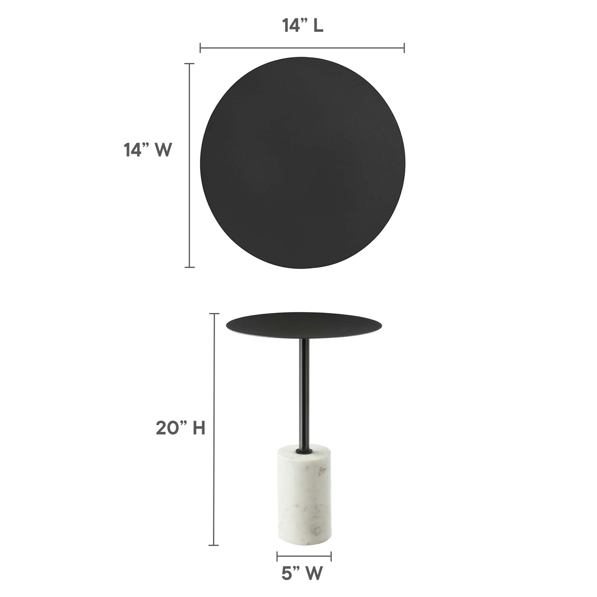 Round black table top 14 in dia on black stem with white marble 5 in base, 20 in tall; modern minimalist side table.