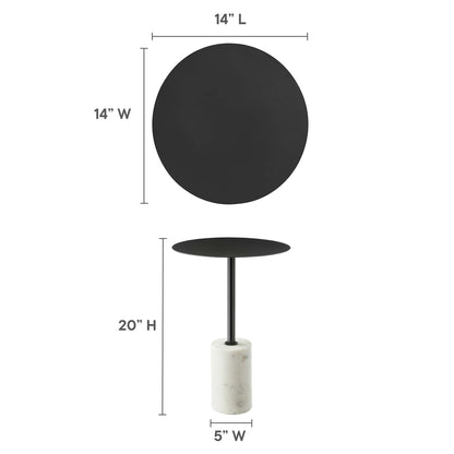 Round black table top 14 in dia on black stem with white marble 5 in base, 20 in tall; modern minimalist side table.
