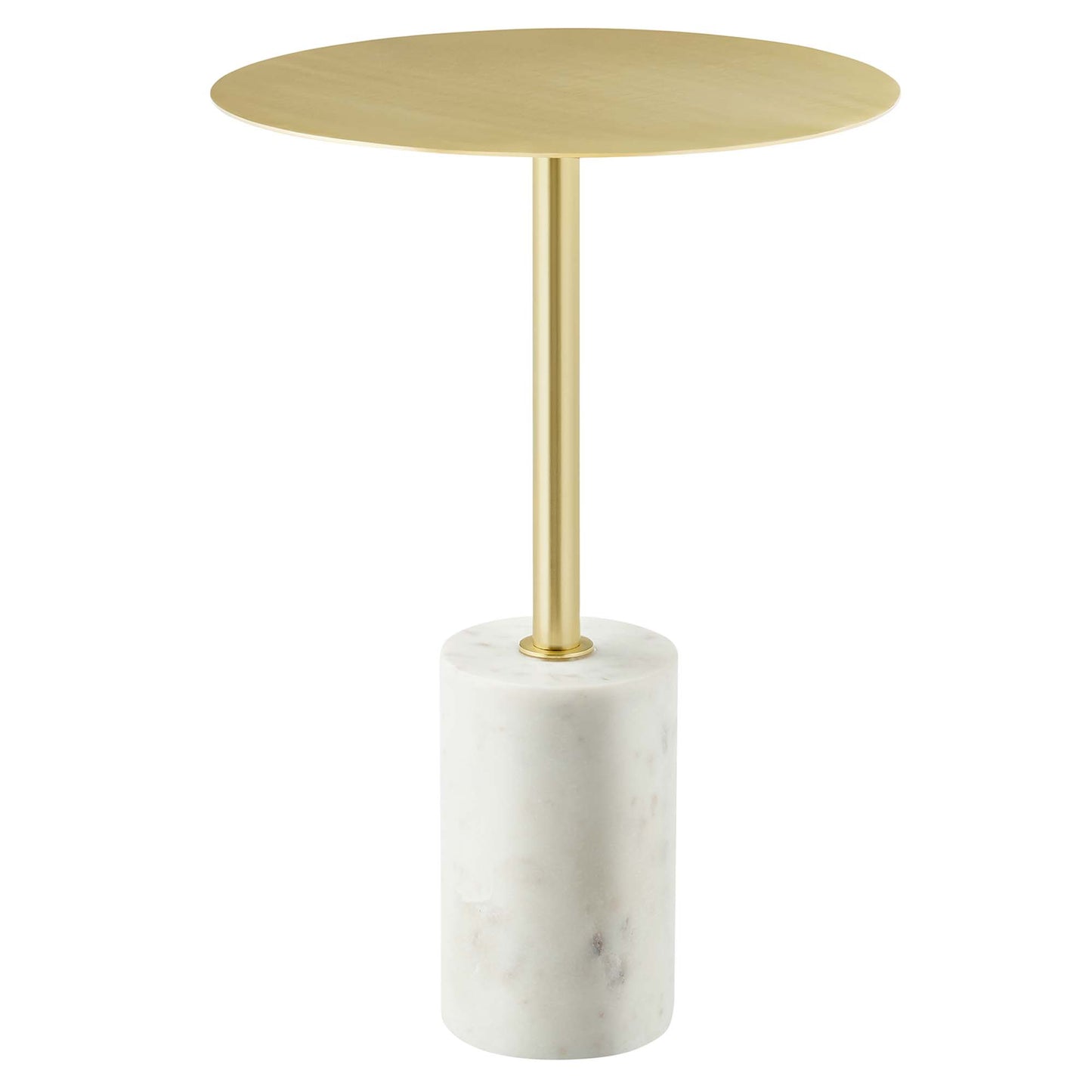 Round light wood tabletop on brass stem with white marble cylindrical base.