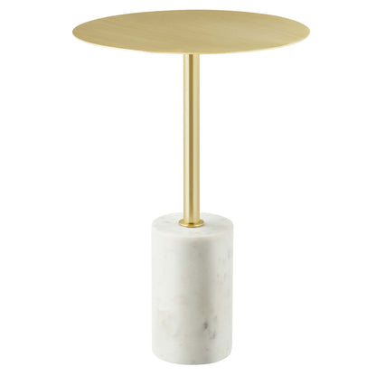 Round light wood tabletop on brass stem with white marble cylindrical base.