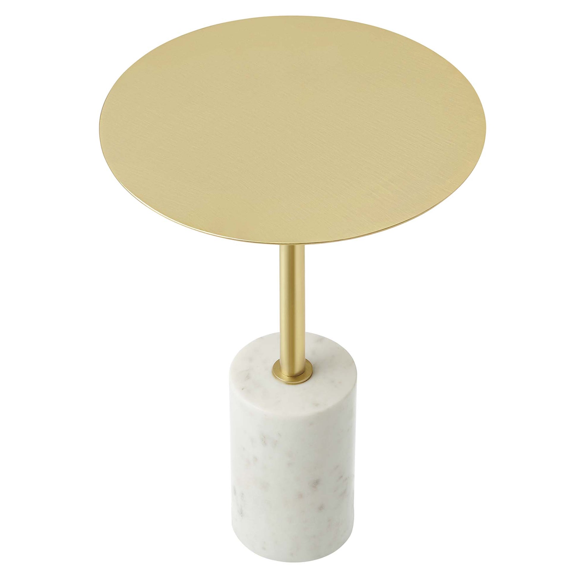 Round gold brass top on a slim brass stem with a white marble cylindrical base, modern side table.