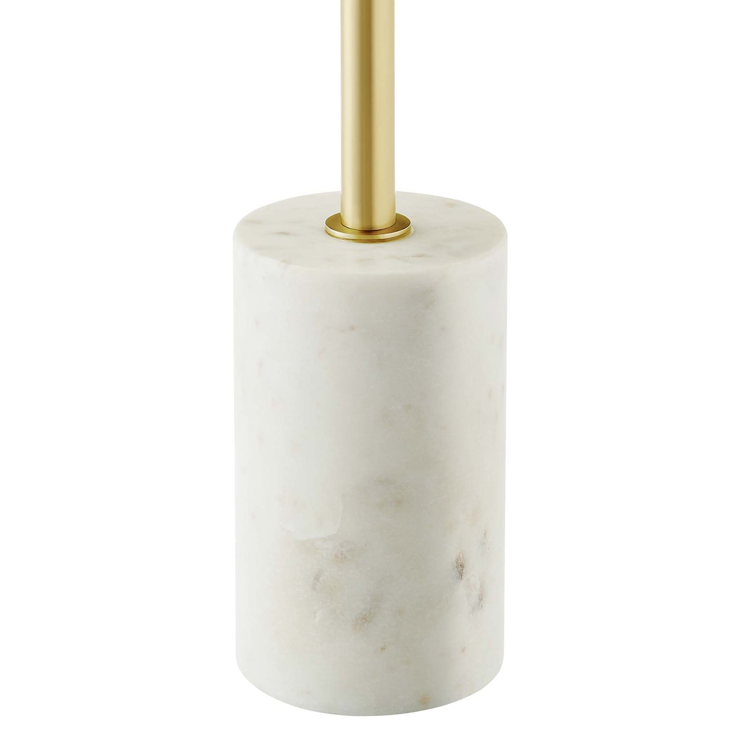 Round brown side table with a white marble cylindrical base and a gold-brass stem.