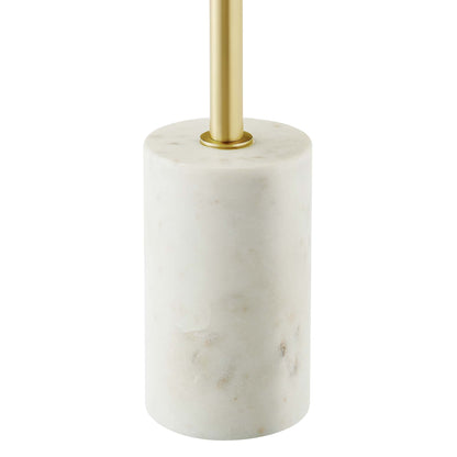 Round brown side table with a white marble cylindrical base and a gold-brass stem.